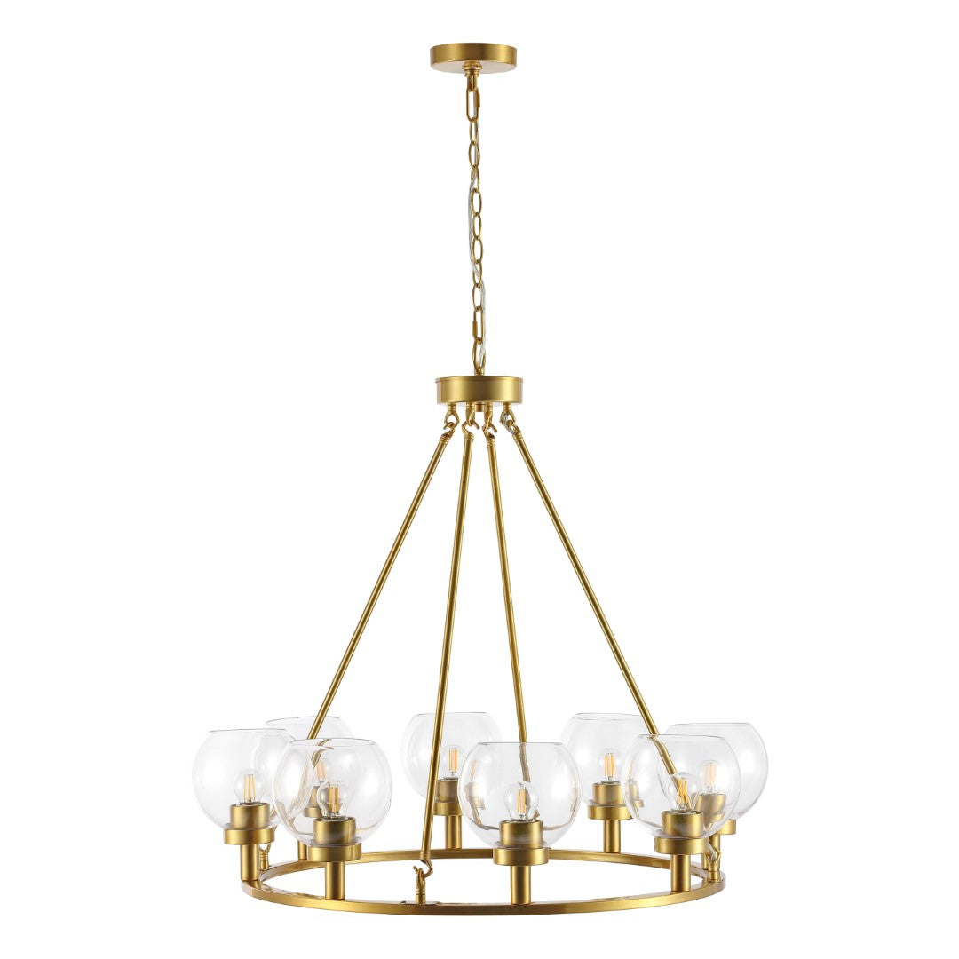 Sveda, Elegant 8-Light Brass Gold Chandelier with Clear Glass Shades - Adjustable & Stylish Design